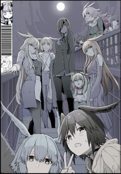 6+girls :o alternate_costume aslaug_(fate) aunt_and_niece black_dress black_hair black_pantyhose blonde_hair blouse brown_hair buttons chibi clothing_cutout commentary_request contemporary dress eyepatch fate/grand_order fate:lost_einherjar fate_(series) geirskogul_(fate) green_hair hair_between_eyes head_wings highres hildr_(fate) jacket long_hair long_sleeves looking_at_viewer medium_hair moon multiple_girls night night_sky olrun_(fate) open_clothes open_jacket ophelia_phamrsolone ortlinde_(fate) pantyhose pink_hair rindr_(fate) shirt short_hair siblings sisters skirt sky sleeves_past_wrists spot_color sweatdrop syatey thrud_(fate) trait_connection v valkyrie_(fate) white_skirt wings