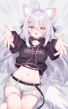 1girl absurdres ahoge animal_ears bed_sheet belt black_choker black_hoodie bow breasts cat_ears cat_girl cat_tail choker commentary crop_top crop_top_overhang cropped_hoodie drawstring extra_ears fang fishnet_top fishnets hair_bow hair_ornament hairclip highres hiraga_matsuri hood hood_down hoodie indie_virtual_youtuber long_hair long_sleeves looking_at_viewer lying medium_breasts midriff navel on_back on_bed open_mouth outstretched_arms shachikuzu_kareha short_shorts shorts smile solo stomach tail thigh_belt thigh_strap thighs virtual_youtuber white_hair white_shorts yellow_eyes