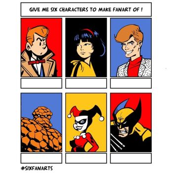 Rule 34 | 2girls, 4boys, ben grimm, blue eyes, bow, bowtie, brown hair, clenched teeth, coat, commentary request, dc comics, eye mask, fantastic four, french commentary, gil jourdan, gil jourdan (character), grug, hairband, harley quinn (classic), looking to the side, marvel, mask, multiple boys, multiple drawing challenge, multiple girls, orange hair, red bow, red bowtie, red hairband, ric hochet, ric hochet (character), short hair, six fanarts challenge, smile, teeth, wolverine (x-men), x-men, yoko tsuno, yoko tsuno (character)