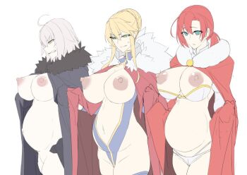 3girls ahoge artoria_pendragon_(fate) artoria_pendragon_(lancer)_(fate) artoria_pendragon_(lancer)_(third_ascension)_(fate) big_belly black_cloak blonde_hair boudica_(fate) braid braided_bun breasts clenched_teeth cloak coat commentary_request dark_nipples fate/grand_order fate_(series) fur-trimmed_coat fur_trim furrowed_brow green_eyes hair_bun jeanne_d&#039;arc_alter_(fate) ky. large_breasts leotard multiple_girls nipples open_cloak open_clothes open_mouth outie_navel panties ponytail pregnant red_cloak red_hair short_hair sidelocks simple_background sweat teeth underwear white_background yellow_eyes