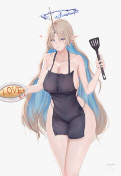 1girl absurdres apron blonde_hair blue_eyes blue_hair breasts cleavage closed_mouth collarbone colored_inner_hair commentary_request covered_erect_nipples cowboy_shot crown_of_thorns dated earrings eyes_visible_through_hair fleurdelys_(wuthering_waves) food grey_background hair_over_eyes heart highres holding holding_plate holding_spatula horns huge_breasts jewelry long_hair looking_at_viewer multicolored_hair naked_apron omelet omurice partial_commentary plate pointy_ears sidelocks signature simple_background single_horn smile solo spatula tacet_mark_(wuthering_waves) thighs very_long_hair wide_hips wuthering_waves yellow_horns zing_(zingart)