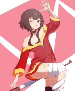 1girl absurdres arm_up bandaged_leg bandages bare_shoulders belt_collar blunt_bangs blush bright_pupils brown_hair collar collarbone commentary_request cowboy_shot downturned_eyes dress hatenamaru highres kono_subarashii_sekai_ni_shukufuku_wo! long_sleeves looking_down mage_staff megumin missing_headwear no_bra one_eye_closed open_mouth outstretched_hand panties pink_background red_dress red_eyes short_dress short_hair_with_long_locks simple_background sitting skindentation solo staff staff_riding thighs underwear white_pupils wide_sleeves