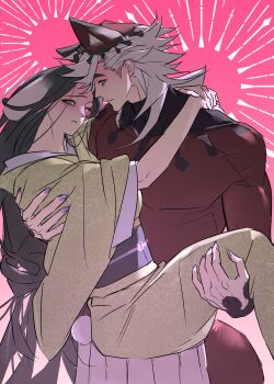 Rule 34 | 1boy, 1girl, absurdres, animal ears, black hair, black sash, blonde hair, blush, carrying, closed mouth, cowboy shot, douma (kimetsu no yaiba), eyelashes, feet out of frame, fingernails, green eyes, green hair, green kimono, hair between eyes, hakama, hashibira kotoha, hetero, highres, hug, japanese clothes, kemonomimi mode, kimetsu no yaiba, kimono, long hair, long sleeves, looking at another, low-tied long hair, multicolored hair, muscular, muscular male, nail polish, obi, pectorals, princess carry, purple nails, red hair, red shirt, sash, sharp fingernails, shirt, smile, tail, turtleneck, very long hair, white hakama, wide sleeves, yigeniuren