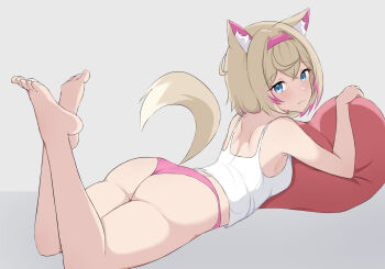 1girl alternate_costume animal_ear_fluff animal_ears ass ass_focus barefoot blonde_hair blue_eyes breasts commentary dog_ears dog_girl dog_tail english_commentary feet feet_up highres hololive hololive_english large_breasts long_hair looking_at_viewer lying medium_hair mococo_abyssgard multicolored_hair multiple_girls on_stomach panties pillow pink_eyes pink_hair self-upload siblings sisters small_breasts soles solo streaked_hair tail the_pose toes twins underwear virtual_youtuber zeropen