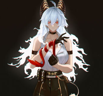 Rule 34 | 1girl, bare shoulders, black background, black choker, black gloves, black horns, black pants, choker, chromatic aberration, closed mouth, collarbone, commentary, cowboy shot, curled horns, earrings, gloves, hair between eyes, high-waist pants, highres, horns, jewelry, key earrings, necktie, nervi fd, orange eyes, pants, red necktie, shirt, shirt tucked in, simple background, solo, tail, tight clothes, tight pants, torn clothes, torn shirt, white shirt, wuthering waves, yellow pupils, zani (wuthering waves)