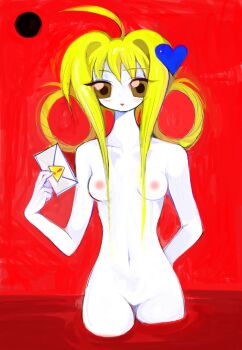 Rule 34 | 1girl, absurdres, ahoge, arm behind back, blonde hair, caution stopsign, colored skin, commentary request, hair ornament, heart, heart hair ornament, highres, holding, holding letter, letter, navel, nipples, no pussy, nude, painterly, pale skin, precious theatre, red background, triangle mouth, white skin, yellow eyes, yogurt200