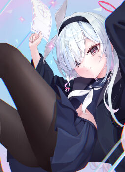 1girl absurdres black_hairband black_jacket black_serafuku black_skirt blue_archive bow closed_mouth hair_over_one_eye hairband halo highres jacket long_hair long_sleeves matutake_777 multicolored_eyes neckerchief open_clothes open_jacket pantyhose plana_(blue_archive) pleated_skirt recruitment_(blue_archive) red_halo school_uniform serafuku skirt solo thigh_focus thighs white_bow white_neckerchief