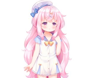 1girl ahoge blue_bow blue_sailor_collar blue_sleeves blush bow bowtie buttons closed_mouth cowboy_shot crossed_bangs dot_nose dress game_cg hand_up harem_futago_lolita hat hat_bow large_variant_set long_hair non-web_source pink_eyes pink_hair sailor_collar sailor_dress short_dress short_sleeves simple_background solo standing striped_bow tachi-e tomari_(harem_futago_lolita) transparent_background usashiro_mani variant_set white_dress white_hat yellow_bow yellow_bowtie