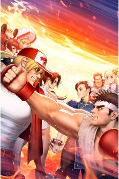 4boys 5girls absurdres bare_legs border bracelet capcom capcom_fighting_jam capcom_vs._snk capcom_vs._snk_2 china_dress chinese_clothes chun-li dougi dress dutch_angle edward_fokker face-to-face fatal_fury fingerless_gloves game_cg gloves headband highres ichimonji_batsu ingrid_(capcom) jacket jewelry julia_whitepearl june_lin_milliam justice_gakuen mma_gloves moero!_justice_gakuen mori_toshiaki multiple_boys multiple_girls non-web_source official_art pantyhose pete_(power_stone) power_stone power_stone_2 promotional_art punching red_jacket ryu_(street_fighter) shiranui_mai sleeveless sleeveless_jacket smile snk spiked_bracelet spikes star_gladiator street_fighter street_fighter_zero_(series) terry_bogard torn_clothes torn_sleeves umbrella white_border white_headband
