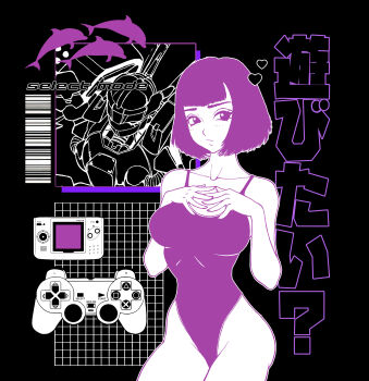 1990s_(style) 1girl :/ absurdres averting_eyes barcode black_background bob_cut breasts commentary commission controller cowboy_shot dolphin dualshock english_commentary faux_retro_artstyle game_controller gamepad grid handheld_game_console hands_on_own_chest heart highres light_blush limited_palette mecha mecha_request medium_breasts neo_geo_pocket_color one-piece_swimsuit original playstation_controller purple_theme retro_artstyle robot solo standing swimsuit system_st91 translation_request vaporwave