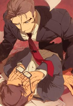 2boys absurdres arm_support arms_up batman_(series) black-framed_eyewear black_jacket blue_jacket brown_hair bruce_wayne clark_kent collared_shirt covering_own_face dc_comics forked_eyebrows glasses hashtag-only_commentary highres jacket lapels layered_sleeves lying male_focus multiple_boys necktie on_back red_necktie shirt short_hair siyangou49 suit_jacket superman_(series) white_shirt yaoi