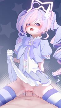 1boy 1girl ahoge blue_archive blush bow clothes_lift commentary cowgirl_position dress dress_lift drill_hair english_commentary girl_on_top gloves hair_ornament halo hetero highres loli long_hair multicolored_hair open_mouth penis pink_hair pink_halo pov puffy_short_sleeves puffy_sleeves purple_bow purple_eyes pussy rancidronin reisa_(blue_archive) reisa_(magical)_(blue_archive) sex short_sleeves star_(symbol) star_halo straddling striped_clothes striped_thighhighs thighhighs twintails uncensored vaginal white_gloves