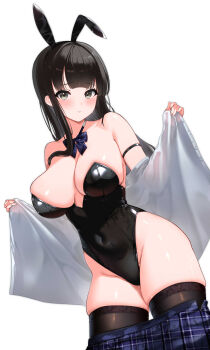 1girl absurdres animal_ears black_leotard black_thighhighs blue_bow blue_bowtie blue_skirt bow bowtie breasts commentary_request commission highres large_breasts leotard leotard_under_clothes masaoka_misaki open_clothes open_shirt original plaid_bow plaid_bowtie plaid_clothes plaid_skirt playboy_bunny pleated_skirt rabbit_ears school_uniform simple_background skeb_commission skirt solo thighhighs unworn_skirt w_arms white_background white_hair