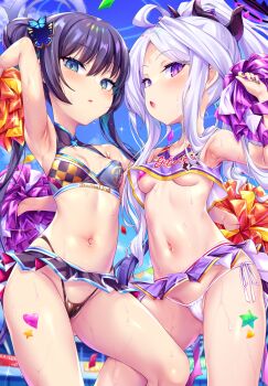 2girls alternate_costume arm_up armpits black_hair blue_archive breasts cheerleader commentary_request hair_bun hair_ornament halo highleg highres hina_(blue_archive) holding holding_pom_poms horns kisaki_(blue_archive) long_hair looking_at_viewer multiple_girls navel outdoors paid_reward_available panties pasties pom_pom_(cheerleading) pom_poms purple_eyes side-tie_panties skirt small_breasts stomach sweat toraishi_666 twintails underwear variant_set white_hair white_panties
