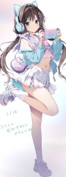 Rule 34 | 1girl, :p, absurdres, animal bag, animal ear headphones, animal ears, blush, bow, bowtie, brown hair, cat bag, cat ear headphones, cat ears, cheerleader, choppy bangs, covered navel, cropped shirt, dated, fake animal ears, frilled shirt, frills, full body, green eyes, hair intakes, hair ornament, hairclip, headphones, highres, hoshimiya amane (karory), karory, leg up, long sleeves, low twintails, miniskirt, multicolored hair, nintendo switch, original, pink bow, pink bowtie, pink streaks, pleated skirt, pom pom (clothes), pom pom hair ornament, sailor collar, see-through clothes, see-through sleeves, shirt, skirt, socks, solo, standing, standing on one leg, stomach, streaked hair, tongue, tongue out, twintails, white background, white socks
