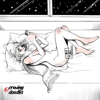 1girl artist_logo cellphone commentary cravingdoodles english_commentary full_body highres holding holding_phone logo lying navel nude on_bed original phone pillow pom_pom_(clothes) scarf smartphone solo window winter