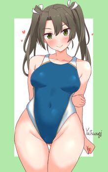 1girl alternate_costume blue_one-piece_swimsuit breasts competition_swimsuit covered_navel gluteal_fold green_eyes green_hair hair_ribbon heart highleg highleg_one-piece_swimsuit highres kantai_collection long_hair looking_at_viewer medium_breasts multicolored_swimsuit one-piece_swimsuit ribbon smile solo swimsuit twintails white_one-piece_swimsuit white_ribbon yatsurugi zuikaku_(kancolle)