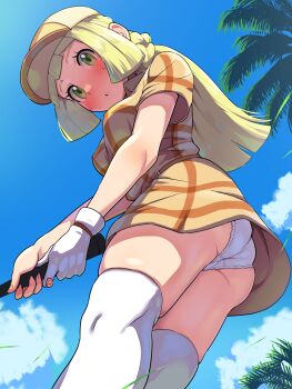 Rule 34 | 1girl, absurdres, ass, blonde hair, blue sky, blush, boris (noborhys), braid, breasts, from below, gloves, golf club, green eyes, highres, lillie (pokemon), long hair, looking at viewer, nintendo, outdoors, panties, pokemon, pokemon (anime), pokemon sm (anime), shirt, short sleeves, single glove, skirt, sky, solo, thighhighs, thighs, underwear, upskirt, white panties, yellow shirt, yellow skirt
