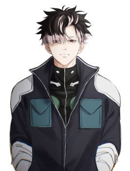 Rule 34 | 1boy, black hair, closed mouth, colored tips, commentary request, eyes visible through hair, highres, kaijuu no. 8, korean commentary, looking at viewer, male focus, multicolored hair, narumi gen, parted hair, partially unzipped, pink hair, pocket square, red eyes, sagu (9133t), short eyebrows, short hair, simple background, solo, straight-on, two-tone hair, upper body, white background, zipper