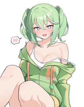 1girl :d absurdres arms_at_sides blush breasts bright_pupils camisole choppy_bangs cleavage clothes_writing clover commentary feet_out_of_frame four-leaf_clover green_hair green_jacket hair_between_eyes highres jacket knees_up korean_commentary large_breasts long_bangs long_sleeves looking_at_viewer maksagwa medium_hair multicolored_eyes multicolored_hair off_shoulder open_mouth partially_unzipped print_jacket purple_eyes simple_background sitting small_sweatdrop smile solo speech_bubble spoken_blush stellive strap_slip streaked_hair twintails two-tone_eyes virtual_youtuber white_background white_camisole white_pupils yuzuha_riko