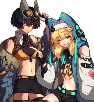 1boy 1girl adapted_costume androgyne_symbol animal_ear_hood animal_ears bare_shoulders black_gloves black_hair black_shirt black_shorts blonde_hair blue_gloves blue_jacket breasts bridget_(guilty_gear) clothing_cutout commentary_request corrupted_twitter_file cowboy_shot crop_top ebi_pri_shrimp eyewear_on_head fake_animal_ears fingerless_gloves gloves green_eyes guilty_gear guilty_gear_strive hair_between_eyes highres hood hood_up hooded_jacket hoodie jacket jacket_partially_removed looking_at_viewer medium_breasts midriff navel one_eye_closed open_clothes open_hoodie orange-tinted_eyewear orange_shirt parted_lips red_eyes shirt short_hair shorts shoulder_cutout simple_background smile sunglasses tinted_eyewear trap unika_(guilty_gear) white_background