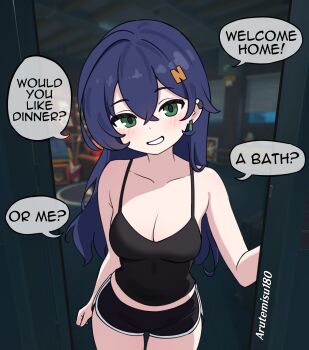 Rule 34 | 1girl, absurdres, arutemisu180, belle (zenless zone zero), black shirt, black shorts, blue hair, breasts, cleavage, closed mouth, dolphin shorts, green eyes, hair ornament, highres, large breasts, letter hair ornament, long hair, looking at viewer, open mouth, shinkon santaku, shirt, shorts, smile, solo, zenless zone zero