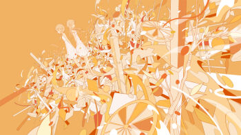 2girls arms_behind_back back-to-back barefoot blonde_hair braid cevio citrus_(vocaloid) commentary dress dutch_angle floating_hair food from_side fruit hebitsukai ia_(vocaloid) leaf monochrome multiple_girls official_art one_(cevio) orange_(fruit) orange_background orange_ribbon orange_slice orange_theme ribbon standing vocaloid white_dress wide_shot wind wind_lift