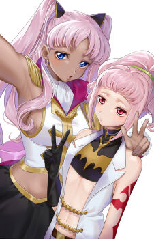 2girls a_zaka0703 anya_alstreim armpits bare_shoulders black_gloves blue_eyes breasts catherine_sabathra code_geass code_geass:_dakkan_no_roze dark-skinned_female dark_skin earrings flat_chest gloves hair_ornament hand_on_another's_shoulder highres jewelry large_breasts multiple_girls open_mouth petite pink_eyes pink_hair simple_background skirt twintails v white_background