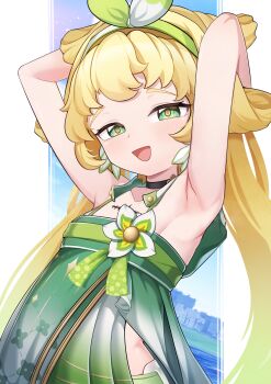 1girl absurdres armpits arms_behind_head arms_up bare_shoulders black_choker blonde_hair blush bow_hairband choker collarbone dress dress_flower earrings flat_chest flower flower_earrings flower_on_chest gician_l gradient_clothes gradient_dress green_dress green_eyes green_hairband hairband half-closed_eyes hanfu highres jewelry katsuyamamage long_hair looking_at_viewer open_mouth pillarboxed qixiong_ruqun shorts_under_dress side_slit smile solo tacet_mark_(wuthering_waves) twintails upper_body verina_(wuthering_waves) very_long_hair white_dress wuthering_waves