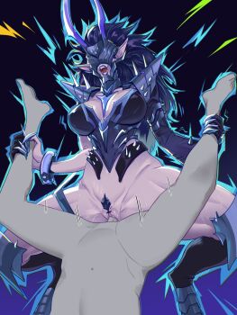 1boy 1girl amazon_position breasts fangs female_pubic_hair highres large_breasts magik_(punkchild)_(x-men) magik_(x-men) marvel marvel_rivals muscular muscular_female open_mouth pointy_ears pubic_hair sex skullworms spikes teeth vaginal