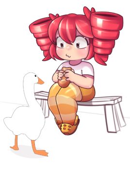 Rule 34 | 1girl, baguette, bird, birdbrain (synthesizer v), bread, commentary, crocs, drill hair, electronic baka, food, goose, kasane teto, pantyhose, red eyes, red hair, shirt, short sleeves, shorts, simple background, striped clothes, striped pantyhose, synthesizer v, twin drills, white background, white shirt, yellow pantyhose, yellow shorts