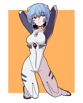 1girl arms_up ayanami_rei bad_tag blue_hair breasts commentary_request looking_to_the_side mecha_pilot_suit neon_genesis_evangelion plugsuit_(evangelion) red_eyes sashimi_(sasihmi) short_hair skinny solo yellow_background