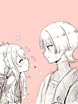 1boy 1girl arm_at_side armlet blunt_ends blush bodysuit cape closed_mouth detached_sleeves dress eyelashes facing_another from_side genshin_impact greyscale_with_colored_background hair_ornament half_crown_braid hatching_(texture) highres japanese_clothes jewelry kimono leaf leaf_hair_ornament linear_hatching long_hair looking_at_another monochrome nahida_(genshin_impact) open_clothes open_kimono pink_background pointy_ears pon_oi4 profile scaramouche_(genshin_impact) side_ponytail sidelocks sideways_mouth sketch smile sweatdrop turtleneck turtleneck_bodysuit wanderer_(genshin_impact) wispy_bangs