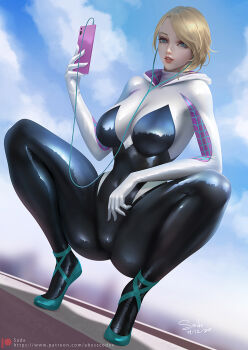 1girl artist_name ballet_slippers black_bodysuit blonde_hair blue_eyes bodysuit breasts cloud cloudy_sky earbuds earphones female_focus full_body gwen_stacy hood hood_down hooded_bodysuit large_breasts latex latex_bodysuit lips looking_at_viewer marvel multicolored_bodysuit nose open_mouth outdoors patreon_logo patreon_username patterned_clothing phone reflection reflective_clothes sade_abyss shiny_clothes signature sky solo spider-gwen spider-man_(series) spread_legs squatting teeth two-tone_bodysuit watermark web_address white_bodysuit