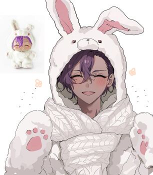 Rule 34 | 1boy, :d, alternate costume, animal costume, animal ears, animal hood, bear paws, blush, closed eyes, cosplay, dark-skinned male, dark skin, eichi turnr, ensemble stars!, hair between eyes, highres, hood, kigurumi, male focus, onesie, open mouth, otogari adonis, purple hair, rabbit ears, rabbit hood, reference inset, scarf, short hair, smile, solo, upper body, white scarf