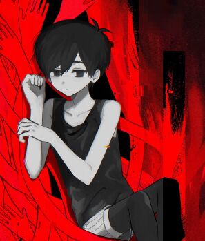 1boy :| antenna_hair bare_arms bare_shoulders black_background black_eyes black_hair black_tank_top black_thighhighs chromatic_aberration closed_mouth collarbone colored_skin double-parted_bangs expressionless extra_arms feet_out_of_frame glitch hair_behind_ear hair_between_eyes half-closed_eyes hands_up highres jitome looking_at_viewer male_focus no_pupils omori omori_(omori) pinstripe_shorts red_background rou_(h_s_sinrin) short_hair shorts simple_background sitting solo tank_top thighhighs two-tone_background very_short_hair white_shorts white_skin