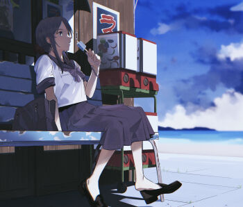 1girl arm_support bag bench black_footwear blue_bow blue_bowtie blue_sailor_collar blue_skirt blurry blurry_background bow bowtie bracelet brown_hair chromatic_aberration commentary day food gashapon grey_eyes highres holding holding_food holding_popsicle igawa_hikaru jewelry light_particles long_hair ocean original outdoors parted_lips pleated_skirt popsicle sailor_collar school_bag school_uniform scrunchie serafuku shirt short_sleeves sidelocks sitting skirt sky solo summer white_shirt