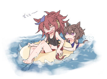 2girls animal_ears bare_arms bare_shoulders barefoot beer_hsk bikini black_tank_top blank_eyes brown_hair commentary_request hair_between_eyes horse_ears horse_girl horse_tail innertube long_hair multiple_girls nakayama_festa_(umamusume) navel orfevre_(old_design)_(umamusume) partially_submerged purple_bikini purple_eyes swim_ring swimsuit tail tank_top translation_request trembling umamusume water wet white_background