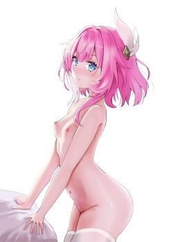 1girl absurdres ass blue_eyes breasts chinese_commentary commentary_request cyrene_(honkai:_star_rail) hair_ornament highres honkai:_star_rail honkai_(series) hunzhu_30227 multicolored_hair navel nipples nude pink_hair pink_pupils short_hair simple_background small_breasts smile solo stomach thighhighs two-tone_hair white_background white_thighhighs
