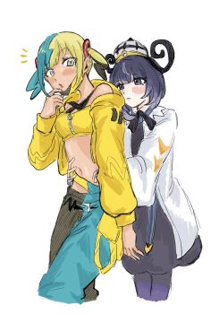 2girls arajio_onigiri bandeau black_dress black_hair black_pants blonde_hair blue_hair blue_pants blush bob_cut canari_(pokemon) closed_mouth coat commentary_request cropped_jacket dark-skinned_female dark_skin dress gwynn_(pokemon) hat highres hug hug_from_behind jacket long_sleeves mask_pull multicolored_hair multiple_girls navel nintendo open_clothes open_coat open_jacket pants pantyhose pokemon pokemon_legends:_z-a purple_eyes purple_hair short_hair split-color_clothes split-color_hair twintails two-tone_pants white_background white_coat yellow_bandeau yuri