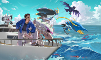 1boy annihilape bird black_shirt blue_jacket boat brown_hair calvinhobbesholmes clawitzer claws closed_mouth collarbone commentary commission corviknight empoleon english_commentary facial_hair floating flying gen_3_pokemon gen_4_pokemon gen_6_pokemon gen_7_pokemon gen_8_pokemon golisopod grin hair_slicked_back hand_on_own_hip highres jacket kyogre legendary_pokemon long_sleeves male_focus nintendo on_boat open_clothes open_jacket open_mouth original pants pokemon pokemon_(creature) pokemon_team shirt short_hair smile standing standing_on_one_leg teeth water watercraft waves white_pants
