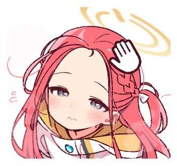 1girl blue_archive blue_eyes blush border braid closed_mouth commentary disembodied_hand flying_sweatdrops forehead hair_ribbon halo headpat jacket long_hair long_sleeves looking_at_viewer orange_halo red_hair ribbon simple_background upper_body very_long_hair wavy_mouth white_background white_border white_jacket white_ribbon yoru_nai yuzu_(blue_archive)