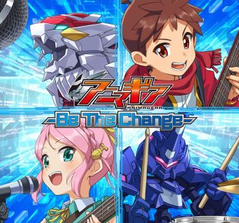 1boy 1girl album_cover amakusa_kyo anima_gear aqua_eyes braid brown_eyes close-up copyright_logo cover crown_braid drumsticks galeo_striker guitar hair_ornament high_ponytail holding holding_drumsticks holding_guitar holding_instrument humanoid_robot instrument logo mecha microphone_stand momiji_sakura neck_ribbon non-humanoid_robot official_art open_mouth pink_hair ponytail red_eyes red_scarf ribbon robot robot_animal scarf short_hair split_screen teeth thousand_gladiator tyuga