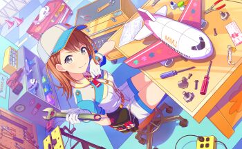 Rule 34 | 1girl, aircraft, airplane, ano hi no yume no kanata mukou e (project sekai), breasts, brown hair, charm (object), closed mouth, colorful palette, drill, electric plug, game cg, gloves, grey eyes, hanasato minori, hat, highres, holding, holding wrench, official art, paper, pliers, project sekai, screw, shirt, shorts, sitting, smile, solo, third-party source, ticket, white gloves, white hat, white shirt, white shorts, wrench