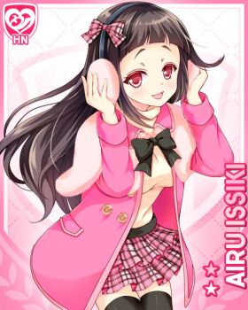 1girl :d black_bow black_bowtie black_thighhighs blunt_bangs bow bowtie brown_hair card_(medium) character_name coat earmuffs fingers_to_head girlfriend_(kari) hair_bow isshiki_airu looking_at_viewer miniskirt official_art open_mouth pink_background pink_coat pink_skirt plaid_bow plaid_clothes plaid_skirt pleated_skirt qp:flapper raised_inner_eyebrows red_eyes skirt smile solo standing thighhighs thighs turtleneck zettai_ryouiki