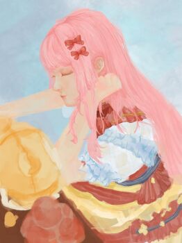 1girl absurdres animal bare_arms blue_background bow cat chinese_commentary cloak closed_eyes closed_mouth clothed_animal commentary_request cowboy_shot dress ear_covers eyelashes food-themed_clothes frilled_dress frilled_sleeves frills from_side hair_bow hand_in_own_hair highres hongtangnuomici55831 hood hood_up hooded_cloak infinity_nikki light_smile lipstick long_hair long_sidelocks makeup momo_(nikki) nikki_(nikki) nikki_(series) no_headwear no_lineart nostrils pinafore_dress pink_hair pink_lips puffy_short_sleeves puffy_sleeves realistic red_bow red_dress shirt short_sleeves sidelocks sleeveless sleeveless_dress striped_clothes striped_dress sweet_memories_(infinity_nikki) table two-tone_dress very_long_hair white_cat white_shirt yellow_cloak yellow_dress