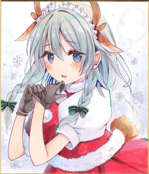 1girl alternate_costume animal_ears antlers black_gloves blush bow braid commentary_request deer_antlers deer_ears deer_tail dress gloves green_bow grey_hair hair_bow highres horns hoshi_tea_party izayoi_sakuya long_hair looking_at_viewer maid_headdress pom_pom_(clothes) purple_eyes red_dress santa_costume santa_dress shikishi snowflakes solo tail touhou traditional_media twin_braids