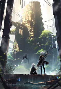 1boy 1girl 2b_(nier:automata) 9s_(nier:automata) absurdres amatsuki_rei back_cutout bird black_boots black_dress black_hairband black_jacket blue_butterfly boots bug building butterfly clothing_cutout commentary_request day dress facing_away from_behind grey_hair hairband highres holographic_interface insect jacket juliet_sleeves katana long_sleeves looking_up nier:automata nier_(series) outdoors overgrown plant pod_(nier:automata) post-apocalypse puffy_sleeves ruins short_hair signature standing sword thigh_boots tree vines virtuous_contract virtuous_treaty water weapon