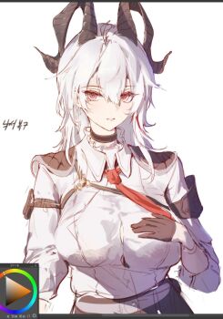 1girl art_program_in_frame black_choker black_gloves black_horns breasts button_gap choker closed_mouth collared_shirt commentary cowboy_shot curled_horns earrings gloves hair_between_eyes hashtag-only_commentary highres horns jewelry key_earrings large_breasts looking_at_viewer necktie red_eyes red_necktie shirt shirt_tucked_in simple_background solo unfox_9 white_background white_shirt wuthering_waves zani_(wuthering_waves)