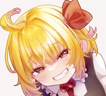 1girl ahoge black_vest blonde_hair bow collar fang frilled_collar frills grin hair_bow half-closed_eyes light_blush looking_at_viewer red_bow red_eyes rumia sakuyabm shirt smile smug solo touhou upper_body vest white_shirt